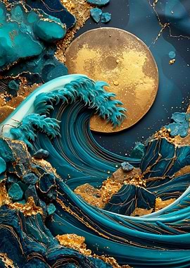Teal Wave with Golden Moon