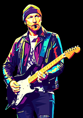 The Edge playing guitar, pop art