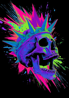 Skull with Crown and Neon Splatter