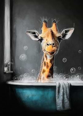 Giraffe in Bathtub with Bubbles