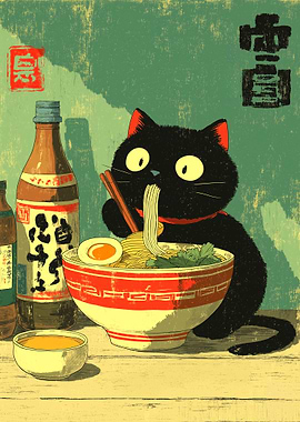 Black cat eating ramen illustration
