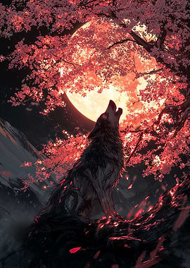 Wolf Howling at Moon under a Sakura Tree