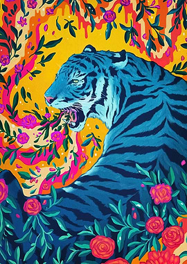 Blue Tiger with Floral Background