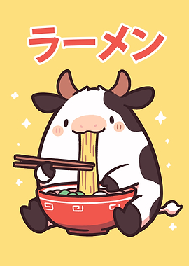 Cute Cow Eating Ramen Illustration