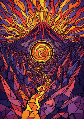 Volcano Landscape Stained Glass Style Art