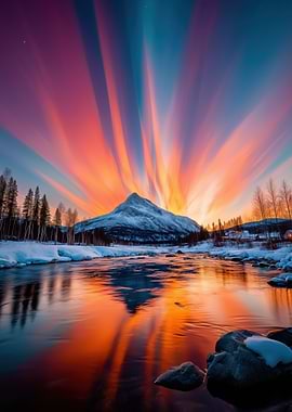 Aurora Borealis over Snowy Mountain Landscape
