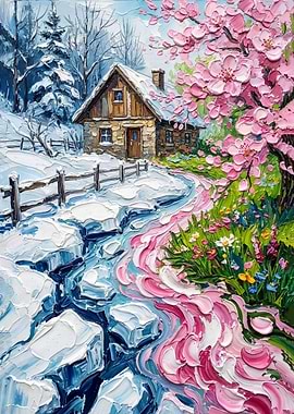 Winter Cottage with Cherry Blossoms Painting