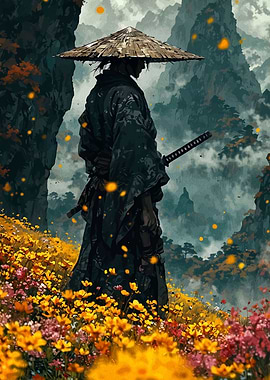 Samurai in a field of flowers