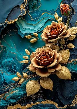 Teal Gold Rose Flower