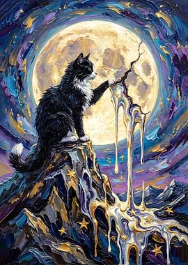 Cat on Mountain Under Moon Painting