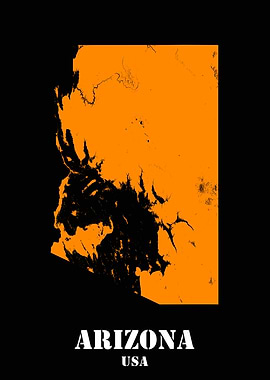 Arizona USA State Minimalist Black Orange Topographic Contour Relief Map featuring terrain in orange color