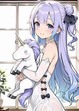 Anime Girl with Unicorn Plushie