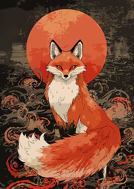 Fox with Red Moon Digital Art