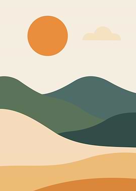 Minimalist Landscape with Sun and Hills