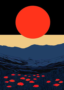 Red Sun Over Blue Landscape