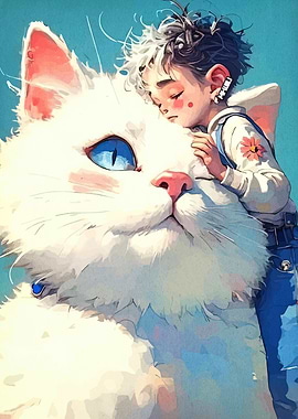 Boy and Giant Cat Illustration