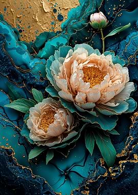 Teal Gold Peonies Flower