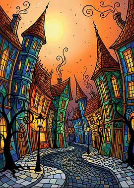 Whimsical Town Street at Sunset