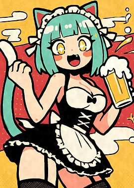 Kawaii Anime Cat Maid with Beer