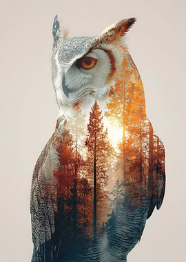Owl and Forest Double Exposure