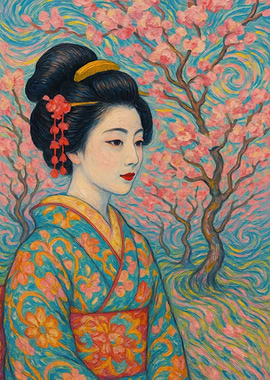 Geisha with Cherry Blossoms Swirls