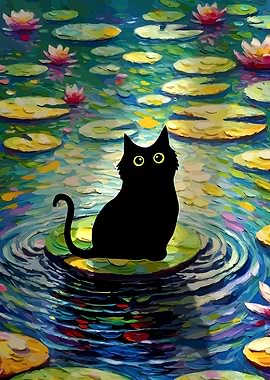Black cat on water lilies painting