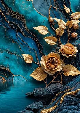 Teal Gold Rose Flower