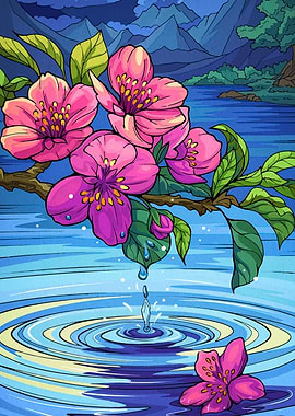 Pink blossoms over water illustration
