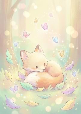 Cute Fox with Butterflies and Leaves