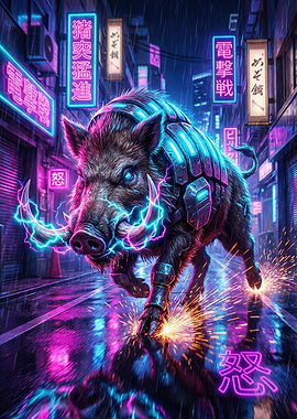 Neon Cyberpunk Boar in Rainy Tokyo