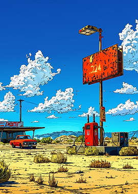 Desert Gas Station with Orange Truck