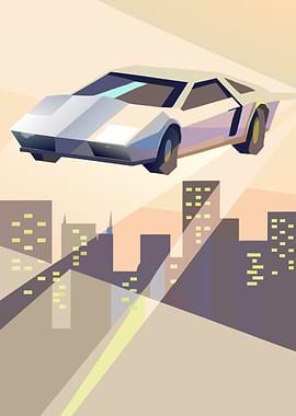Low-Poly Car Over Cityscape