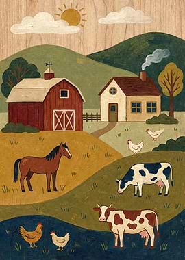 Folklore Farmhouse Landscape with Animals