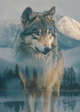 Wolf And Mountain Double Exposure