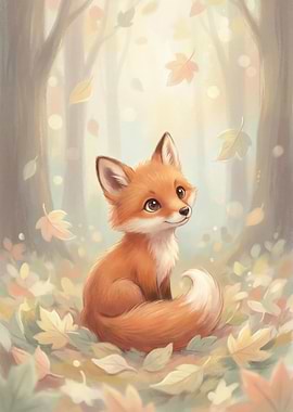 Cute Fox in Autumn Leaves