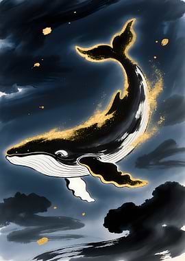 Golden Whale in Ink Wash Style