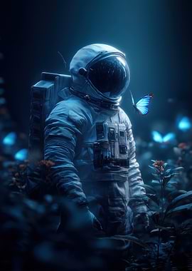 Astronaut and Butterflies in Blue Dreamscape