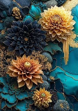Teal Gold Dahlias Flower