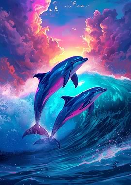 Dolphins jumping in ocean at sunset