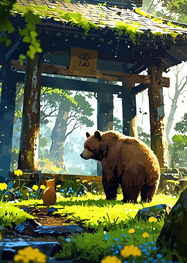 Bear and Cat in Forest Shrine