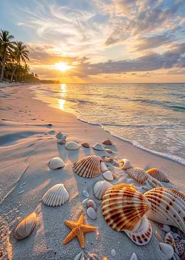 Beach Sunset with Seashells and Starfish