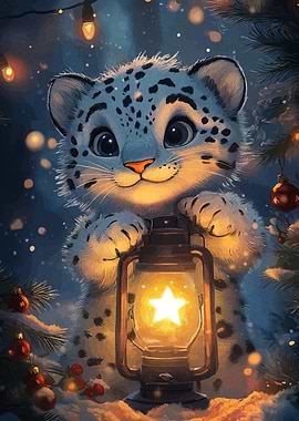 Cute Snow Leopard with Christmas Lantern