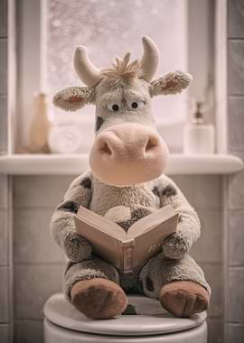 Cow Plush Reading on Toilet