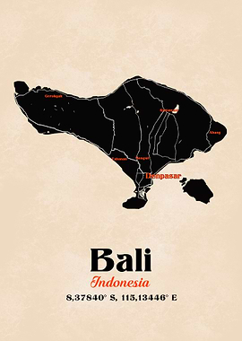 Bali, Indonesia Map Art Print