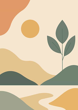 Minimalist Landscape with Tree and Sun