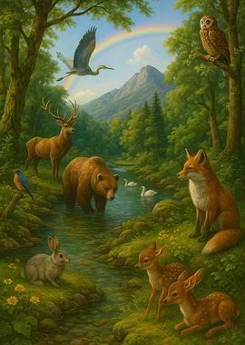 Wildlife in a Forest Stream Painting