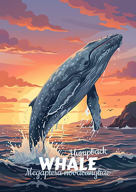 Humpback Whale Breaching at Sunset