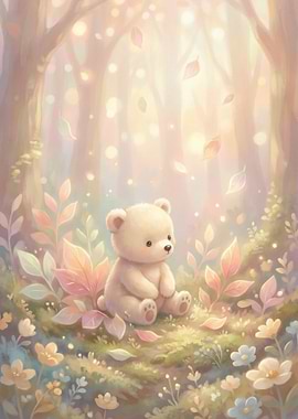 Cute Teddy Bear in Pastel Forest