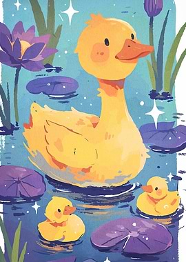 Cute Ducklings in a Pond Illustration