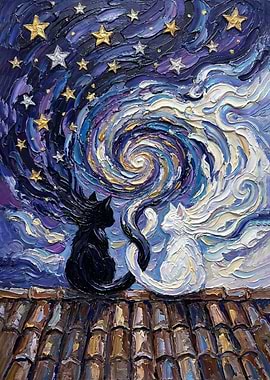 Cats Under Starry Night Painting